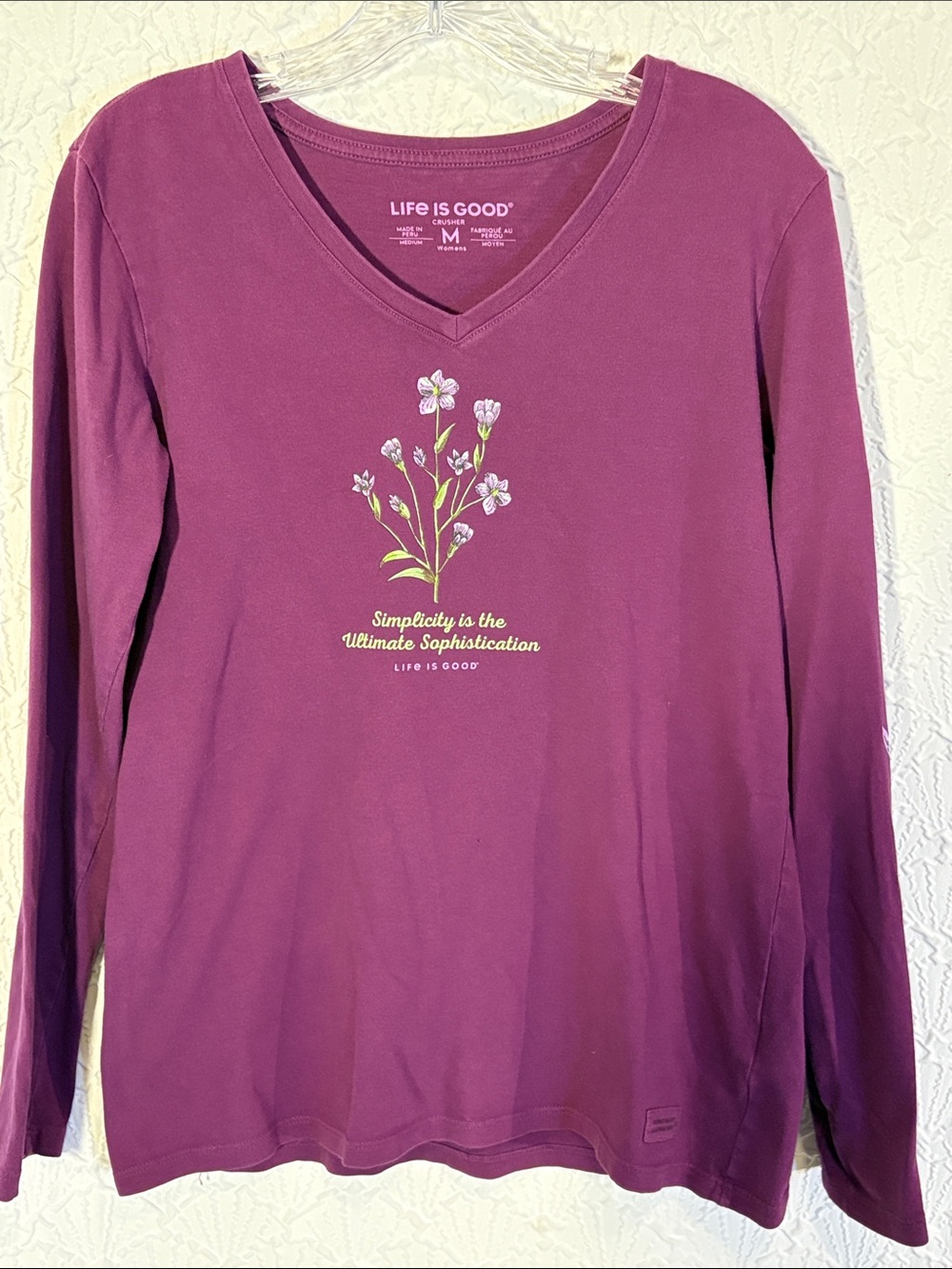 Life Is Good Plum V-Neck Long Sleeve Tee with Floral Script